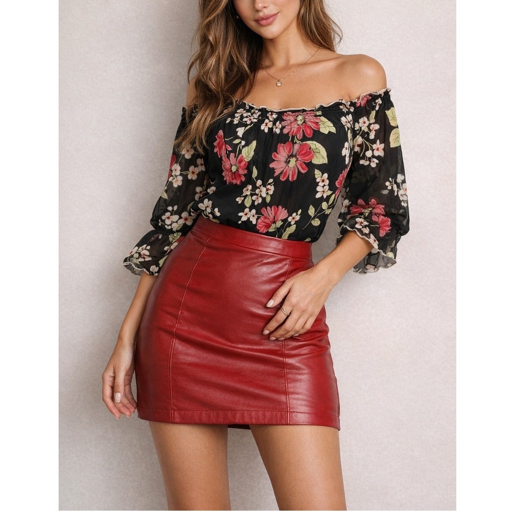 Vtg Y2K Wet Seal Mesh Top Women M Red Black Floral Lettuce Whimsigoth USA Made‎